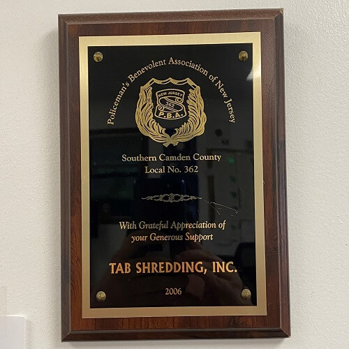 Tab Group Inc - Plaque for supporting the Policeman's Benevolent Association of NewJersey, Southern Camden County